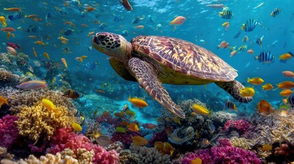 Obraz premium Sea Turtle Swimming Gracefully Through Vibrant Coral Reef Ecosystem Underwater View Tropical Fish Abundant Marine Life Ocean Conservation Biodiversity