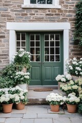 Naklejka premium The inviting entrance of this charming rustic home is beautifully enhanced by vibrant white hydrangeas displayed in terracotta pots beside its elegant stone façade