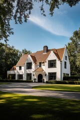 A stunning, contemporary home seamlessly integrates with the lush greenery that envelops it, all under a bright blue sky in a peaceful residential area