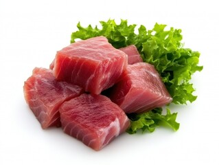 Close up of fresh raw tuna cubes with green lettuce on white background studio shot healthy food ingredient