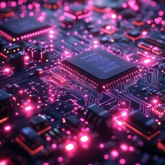 Obraz premium Futuristic high resolution photo of a computer circuit board with neon pink lights