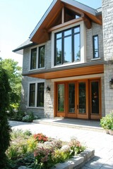 Fototapeta premium This contemporary stone house features expansive windows and beautiful wooden details, all set against a backdrop of colorful landscaping under a bright, sunny sky