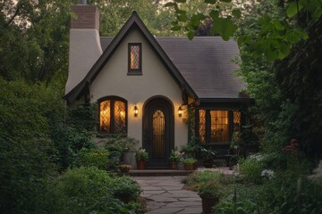Charming small house nestled in a lush garden with glowing windows during twilight hours in a serene suburban neighborhood