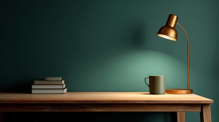 Minimalist wooden desk with warm glow, a serene workspace for focused productivity
