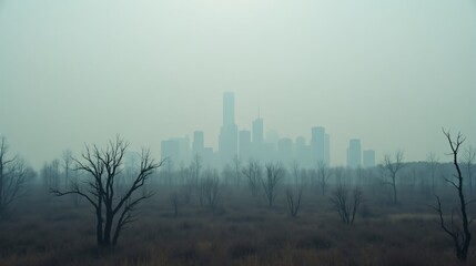 Cityscape Covered in Smog with Dying Trees in the Foreground