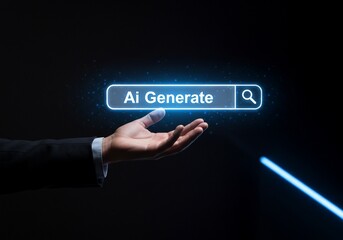 Generating AI Open hand holds search bar in the dark for web content use