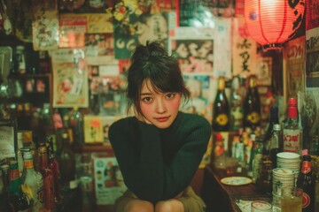 Obraz premium Young Girl Enjoying a Drink at a Cozy Coffee Shop