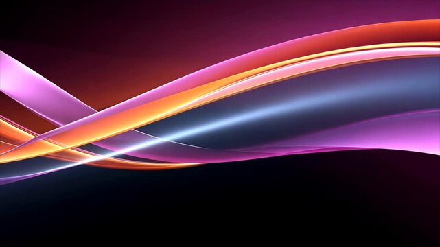 Abstract ribbons flow in pink, orange and white over black. The ribbons bend and curve in the upper part, creating depth
