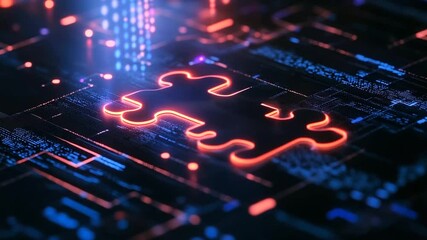 A glowing network of puzzle pieces interlocking within a digital grid, with abstract shapes and coding patterns in the backdrop, signifying API integration. - Powered by Adobe