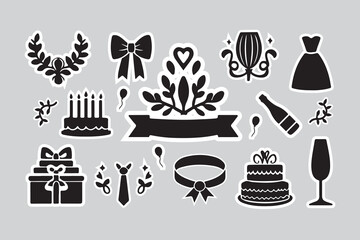 Set of bows. Outline icons with elegant ribbons and ties. Stickers with symbol wedding celebration and birthday party decorations in hand drawn style