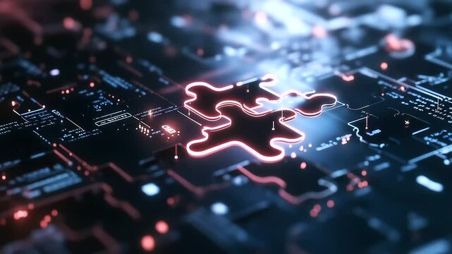 A digital puzzle with pieces representing various APIs, connecting seamlessly within a holographic, high-tech matrix, symbolizing interoperability and data exchange.