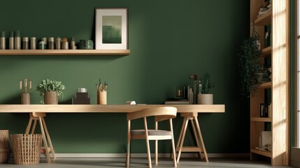 Minimalist wooden desk with warm glow, a serene workspace for focused productivity
