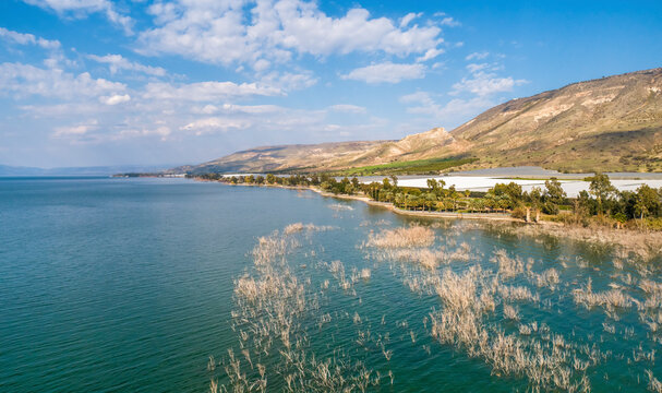 Aerial view of Jordan river coastline, Sea of Galilee, Israel.