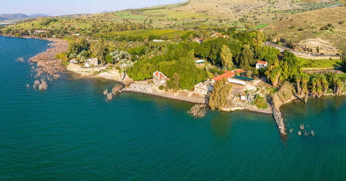 Aerial view of Church of the Primacy of Saint Peter along the Jordan River, Sea of Galilee, Israel.