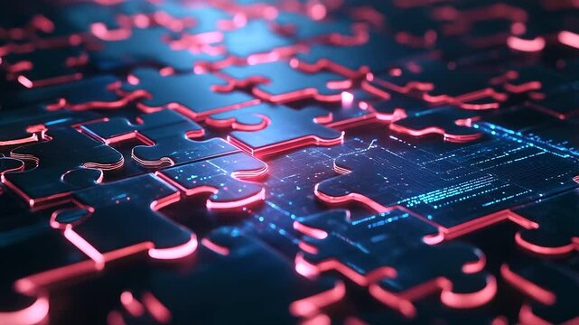 A glowing network of puzzle pieces interlocking within a digital grid, with abstract shapes and coding patterns in the backdrop, signifying API integration.