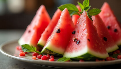A plate of watermelon slices with mint leaves on top. The plate is white and the watermelon slices are red