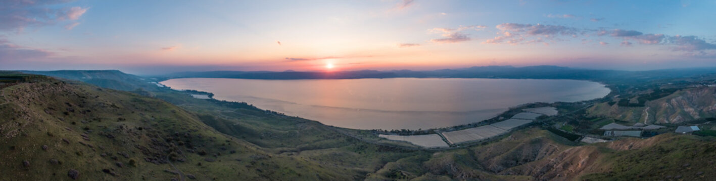 Panoramic aerial view of Jordan river at sunset, Sea of Galilee, Northern Israel.