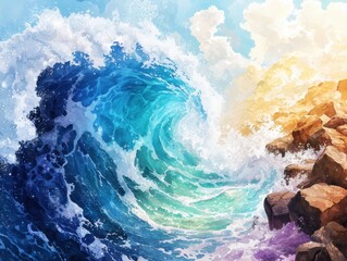 Fototapeta premium Epic ocean wave crashing on rocky shore at sunset digital art serene landscape vibrant colors