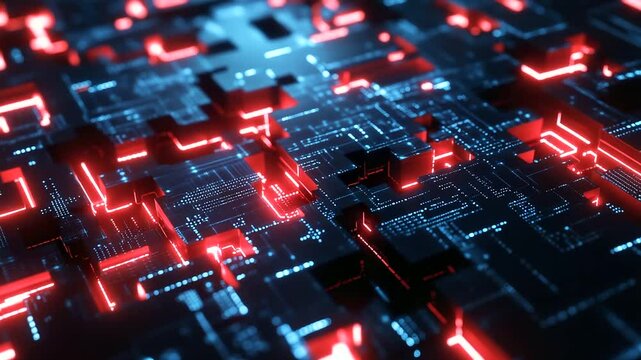 Puzzle pieces made of bright, glowing data blocks interlocking to form a larger system, with a digital, high-tech backdrop of wireframe structures and code.