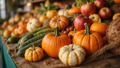A table full of pumpkins and apples. The pumpkins are orange and white, and the apples are red