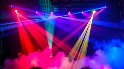 A vibrant indoor event space transformed by an elaborate lighting setup