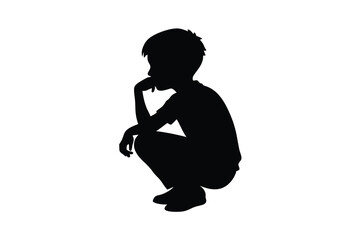 Thoughtful Child Squatting Silhouette.
