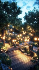 Evening gathering charming outdoor deck photo natural setting wide angle cozy atmosphere with twinkling lights