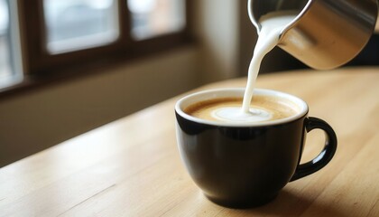 A black coffee cup with milk poured into it. The cup is on a wooden table. Concept of warmth and comfort, as the coffee is a popular beverage for relaxation and enjoyment
