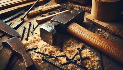 Close-up of a vintage hammer placed on a wooden workbench with sawdust and old nails.