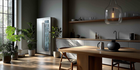 white singledoor refrigerator with glass shelves stands in the middle of a modern kitchen
