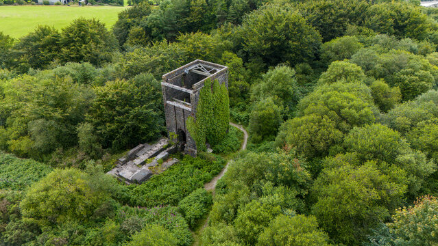 Aerial view of beautiful overgrown ruins surrounded by lush forest and trees, St Ann's Chapel, Gunnislake, England.