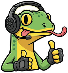 Enthusiastic Cartoon Gaming Lizard with Headset Giving Thumbs Up