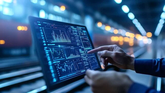 Digital interface showcasing a real-time supply chain dashboard, with graphs and tracking systems, highlighting distribution efficiency and strategic planning.