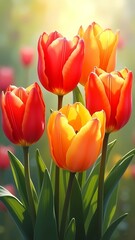 red e  and yellows e  tulip y , luminaries e xia under soft sunlight in a garden surrounded by blurred greenery and flowers.  