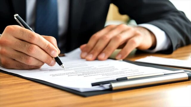 A person in a suit is signing a document on a wooden desk using a pen, the document is attached to a clipboard