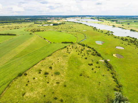 Aerial view of nature reserve with meadows in floodplain Amerongse Bovenpolder along river Nederrijn, Amerongen, national park Utrechtse Heuvelrug, province of Utrecht, Netherlands.