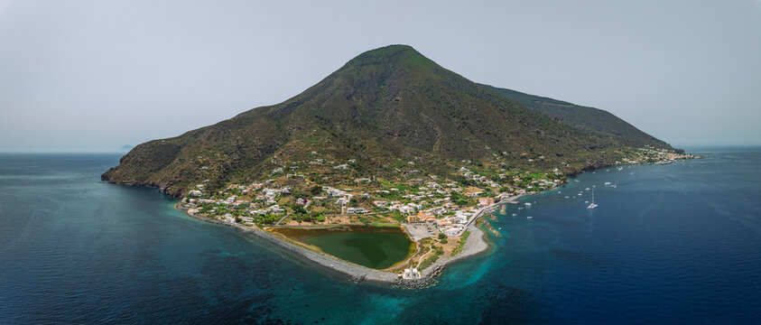 Aerial view of Santa Marina Salina, Salina Island, Aeolian Islands archipelagos, Sicily, Italy.