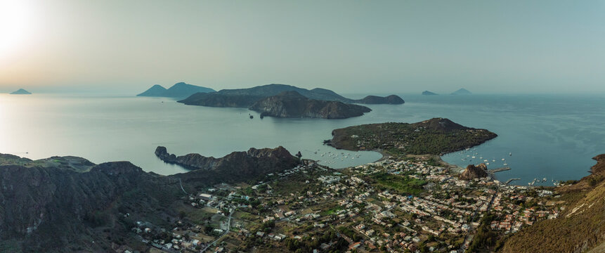 Aerial view of Lipari island seen from Vulcano island, Aeolian Islands archipelagos, Sicily, Italy.