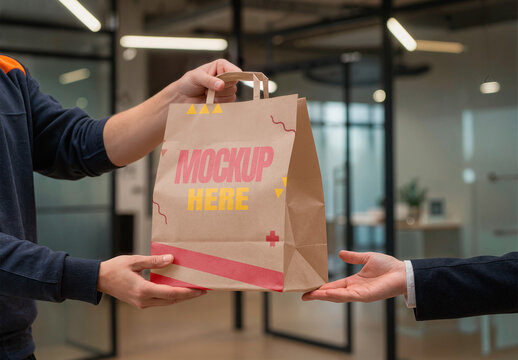 Bag Mockup During Food Delivery in an Office Setting