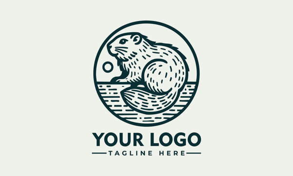 Beaver emblem illustration, detailed sketch style of beaver near water in circular badge design

