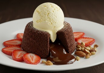 Chocolate Lava Cake with Ice Cream and Fresh Strawberries