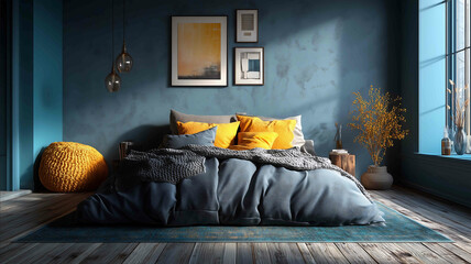 batman styleThe wall is blank without picture frames or other decorationsBright colors high brightness color matchingThe bed is angled towards the camera fro
