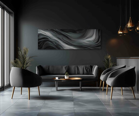modern dark gallery wall canvas mockup horizontal wall art mockup in dark modern interior panoramic print mockup luxury black wall