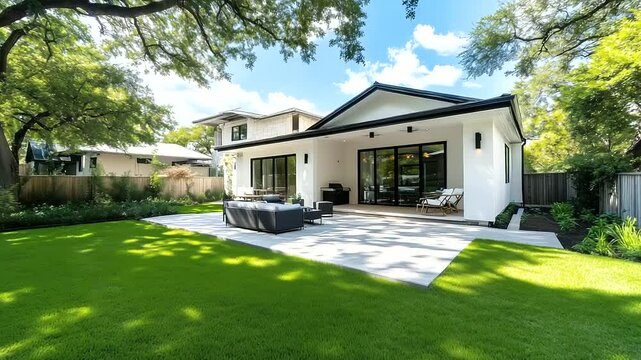 A backyard ADU with a clean architectural design, a sloped roof extending over a shaded porch, and fresh paint that enhances its contemporary appeal.