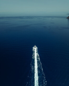 Aerial view of boats along the coastline in Lipari island, Aeolian Islands archipelagos, Sicily, Italy.