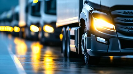 A close-up of a fleet of delivery trucks leaving a warehouse, symbolizing the final stage of a global supply chain process and the distribution of goods to local markets.