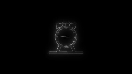 Glowing neon alarm clock icon isolated on black background. HD Video motion graphic animation.4k video animation.