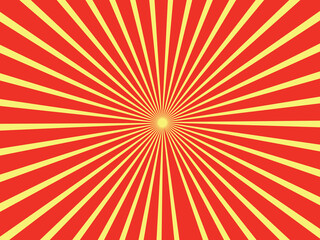 Yellow and red banner with Sun rays, yellow comic background. Sunburst background