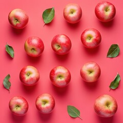 Flat lay of ripe red apples and green leaves arranged on a vibrant pink background studio shot overhead view