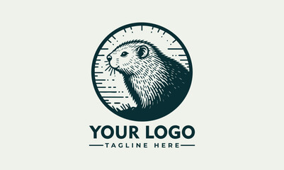 Beaver emblem illustration, detailed sketch style of beaver near water in circular badge design
